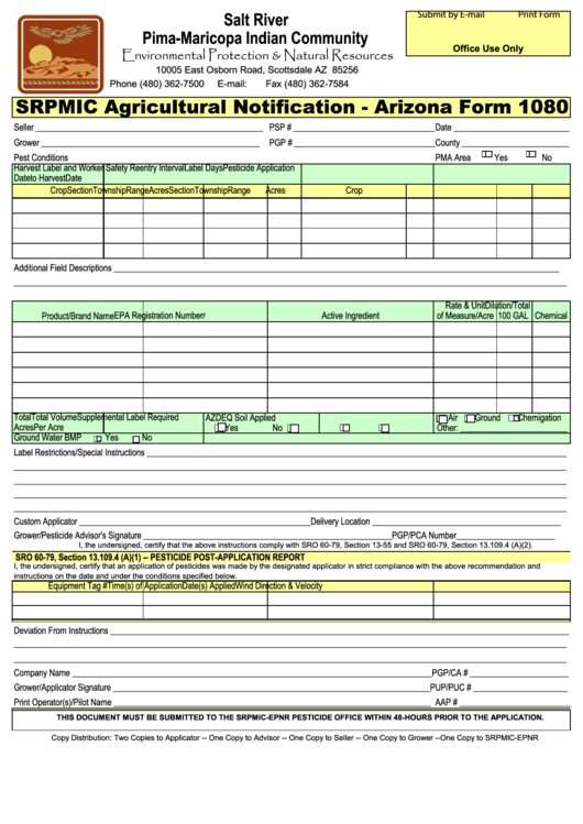 Srpmic Agricultural Notification - Arizona Form 1080 Printable pdf