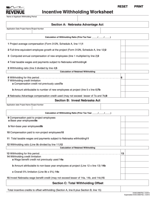 Incentive Withholding Worksheet Printable pdf