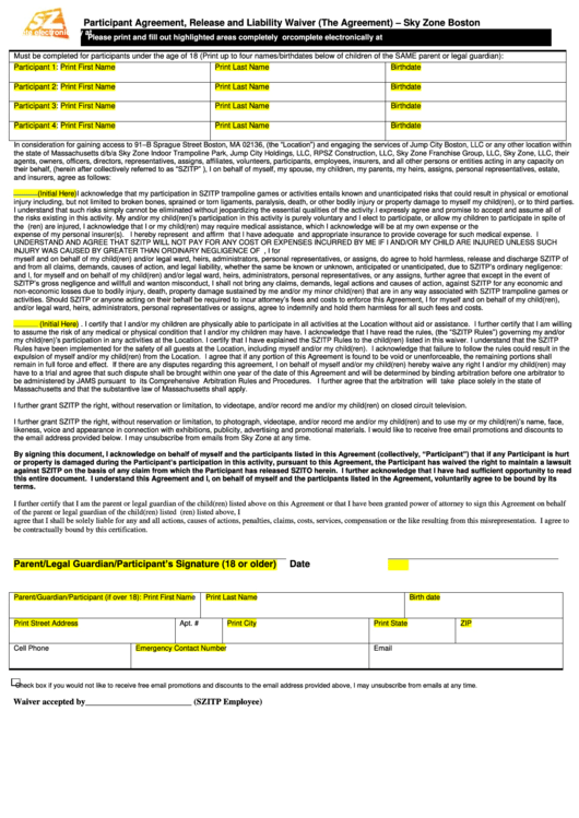 Participant Agreement Release And Liability Waiver Form Printable pdf