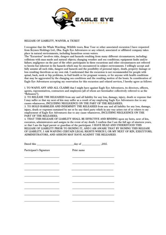Release Of Liability Waiver Printable pdf