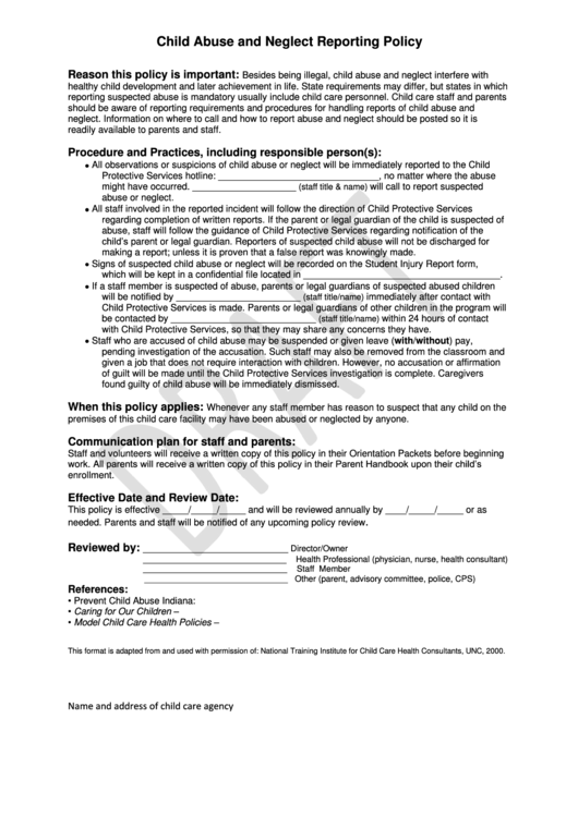 Child Abuse And Neglect Reporting Policy Form Draft Printable pdf