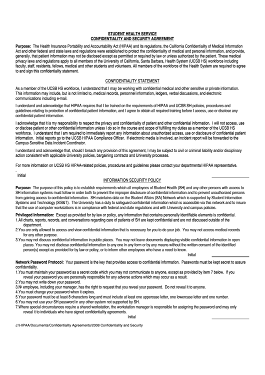 Student Health Service Confidentiality And Security Agreement Printable pdf
