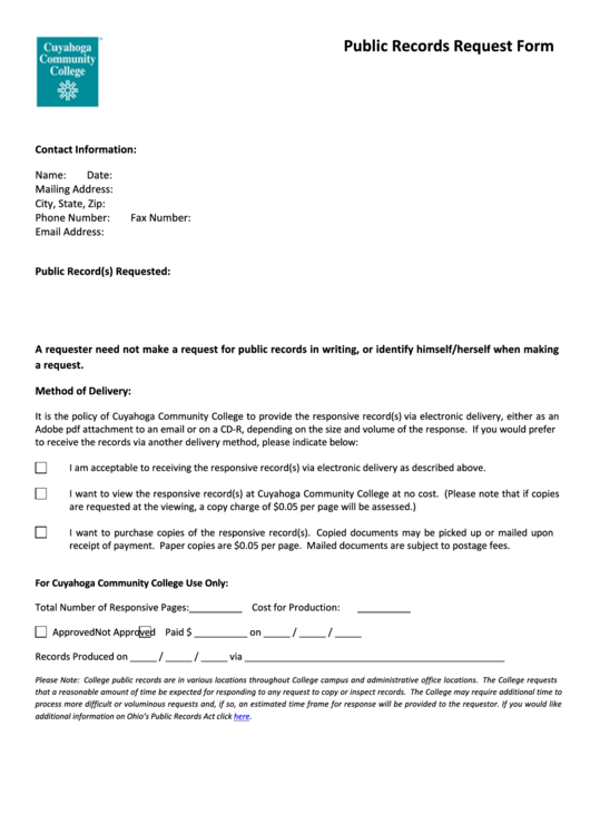 Fillable Public Records Request Form - Cuyahoga Community College Printable pdf