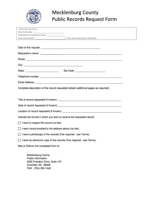 Mecklenburg County Public Records Request Form Printable pdf