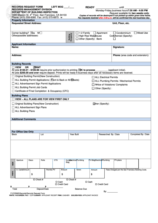 Fillable Records Request Form - Department Of Building Inspection Printable pdf