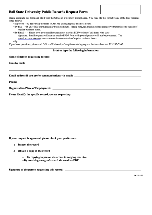 Ball State University Public Records Request Form Printable pdf