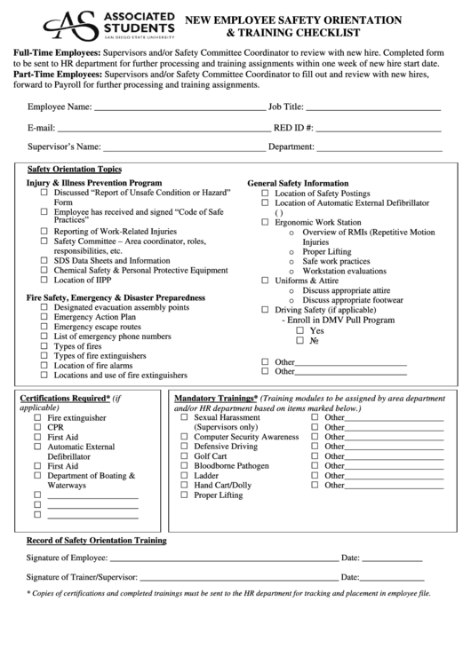 New Employee Safety Orientation & Training Checklist Template Printable pdf