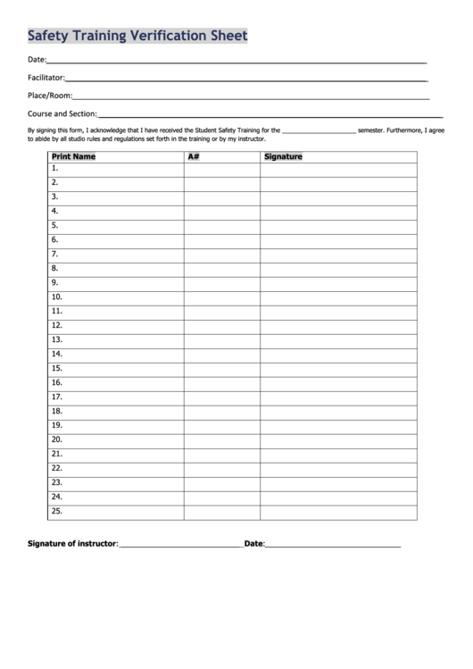 Safety Training Verification Sheet Template printable pdf download