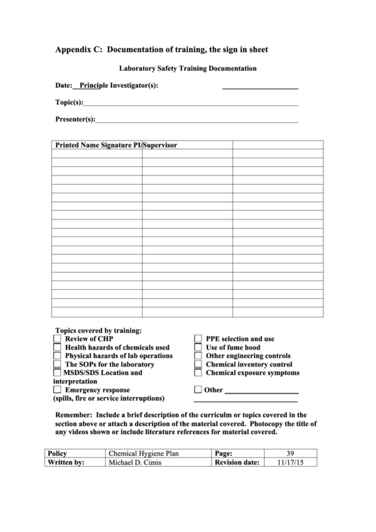 Laboratory Safety Training Sign In Sheet Template