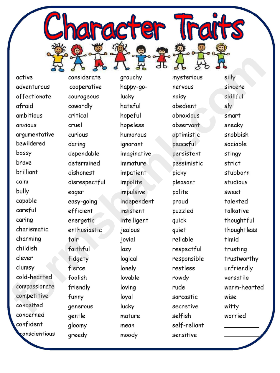 Character Traits Definition Sheet