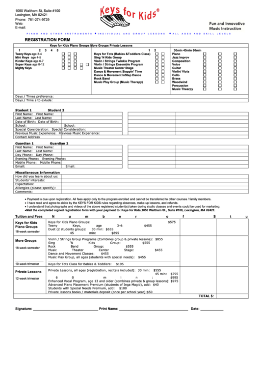 Registration Form Keys For Kids Printable pdf