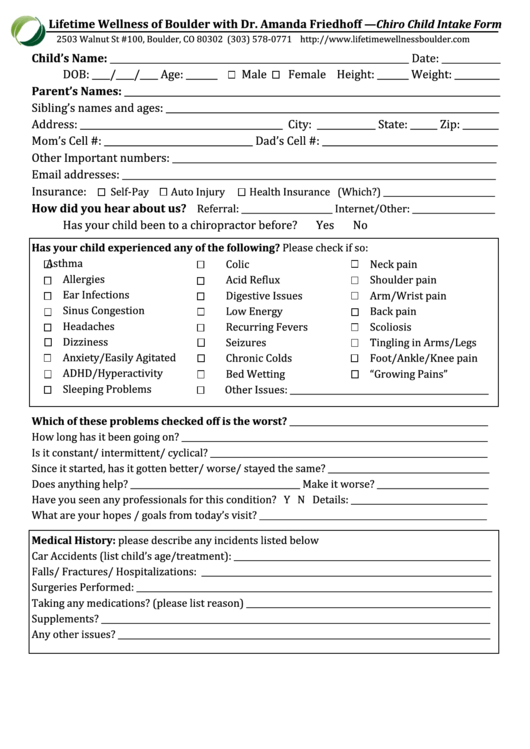 Chiro Child Intake Form Printable pdf