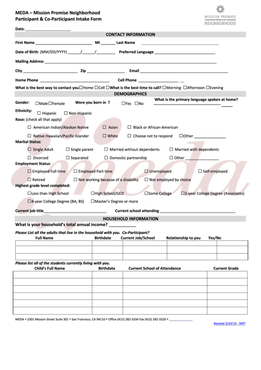 Fillable Participant & Co-Participant Intake Form Printable pdf