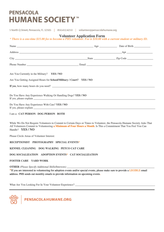 Volunteer Application Form - Pensacola Humane Society Printable pdf
