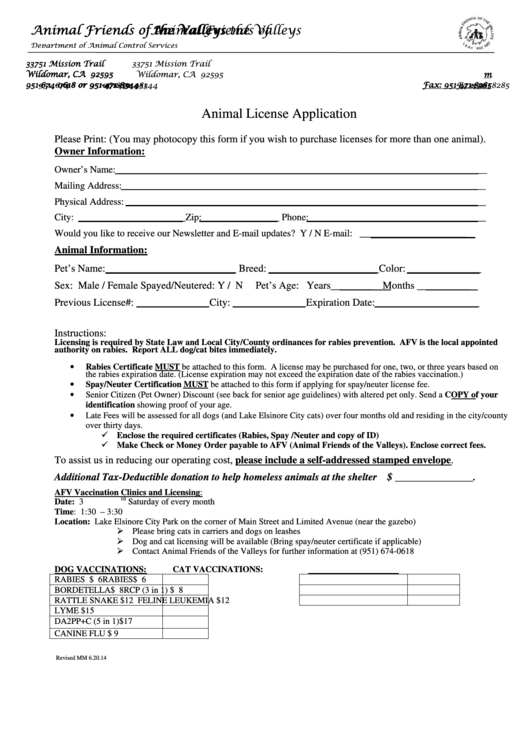 Animal License Application - Department Of Animal Control Services