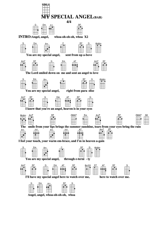 My Special Angel (Bar) Chord Chart Printable pdf