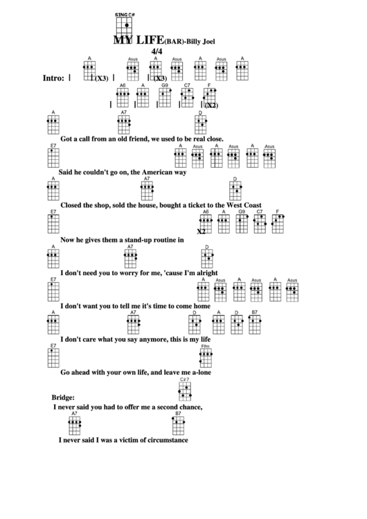 My Life(Bar)-Billy Joel Chord Chart Printable pdf