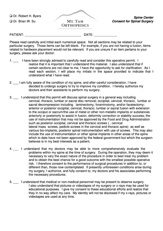 Consent For Spinal Surgery Printable pdf