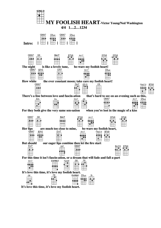 My Foolish Heart-G-Victor Young/ned Washington Chord Chart Printable pdf