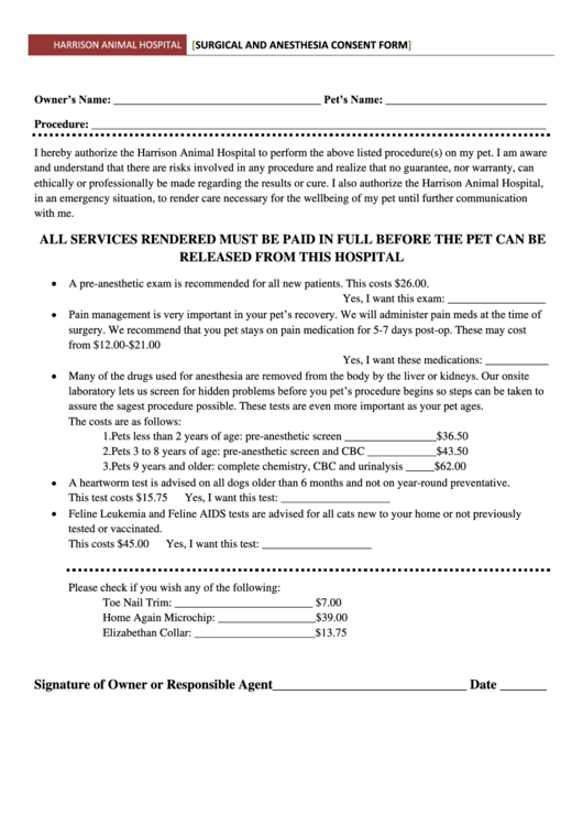 Surgical And Anesthesia Consent Form Printable pdf