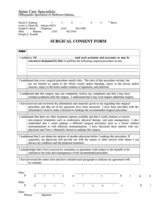 Spine Care Specialists Surgical Consent Form Printable pdf