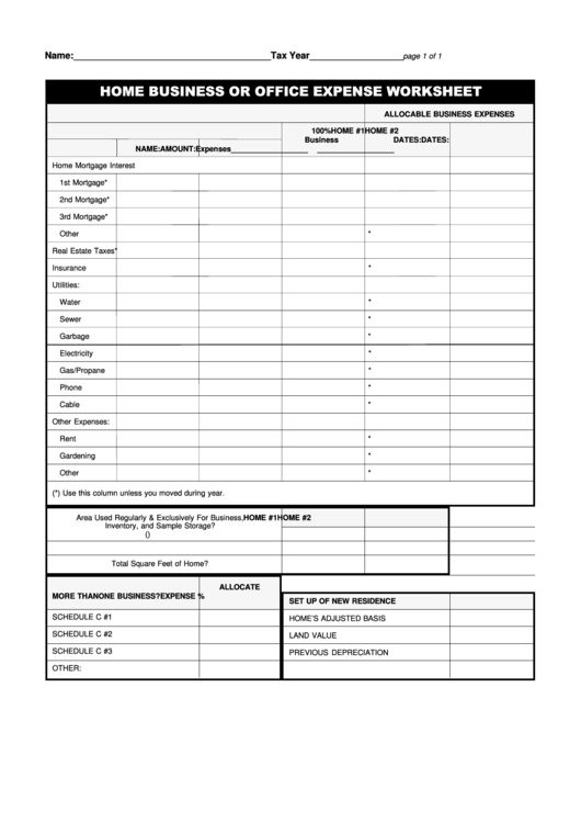 Home Business Or Office Expense Worksheet