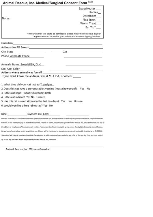 Animal Rescue Inc Medical Surgical Consent Form