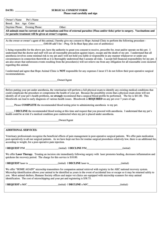 Fillable Surgical Consent Form Printable pdf