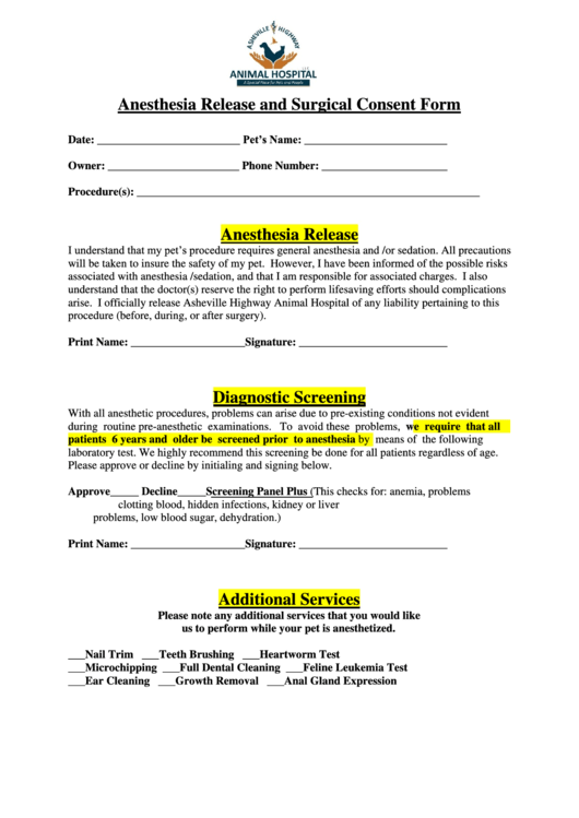 Anesthesia Release And Surgical Consent Form Printable pdf