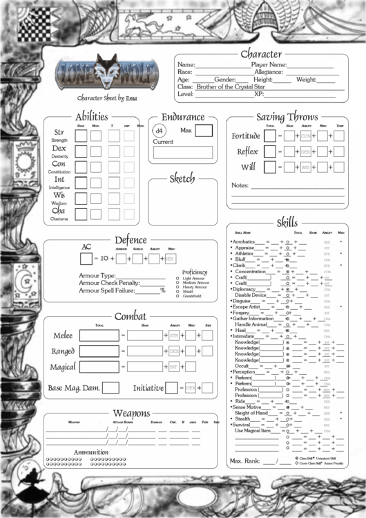 Lone Wolf Character Sheet - Brother Of The Crystal Star Printable pdf