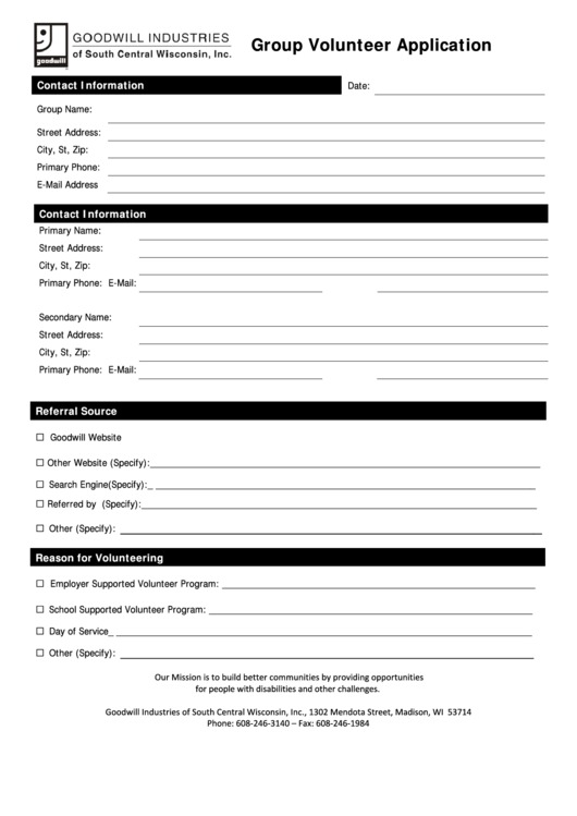Fillable Group Volunteer Application Printable pdf
