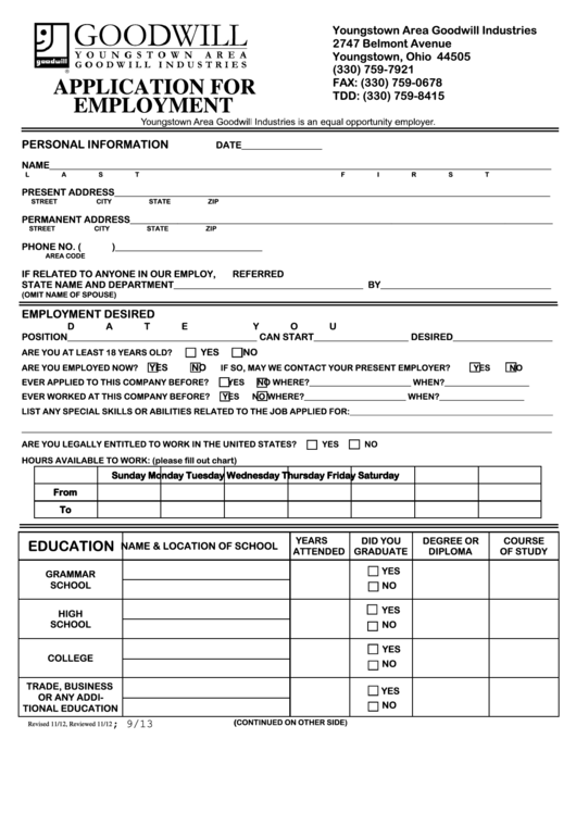 Application For Employment Form 2015 Printable pdf