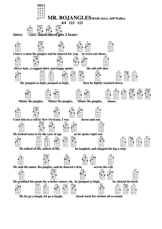 Chord Chart - Jerry Jeff Walker - Mr. Bojangles (Bar) Printable pdf