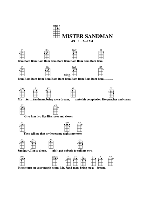 Mister Sandman-F Chord Chart Printable pdf