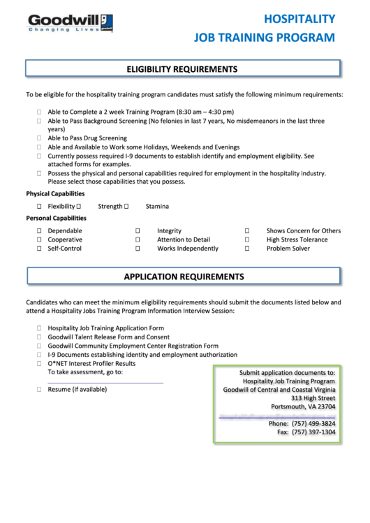 Hospitality Program Application Form Printable pdf