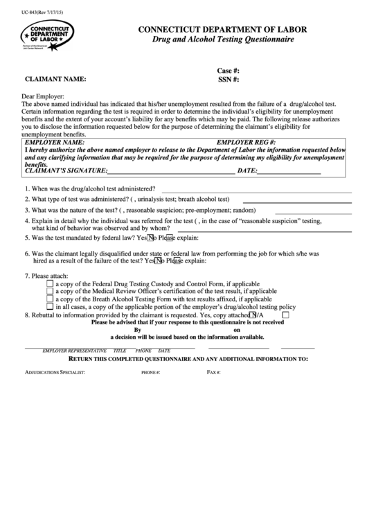 Fillable Drug And Alcohol Testing Questionnaire Template - Connecticut Department Of Labor Printable pdf