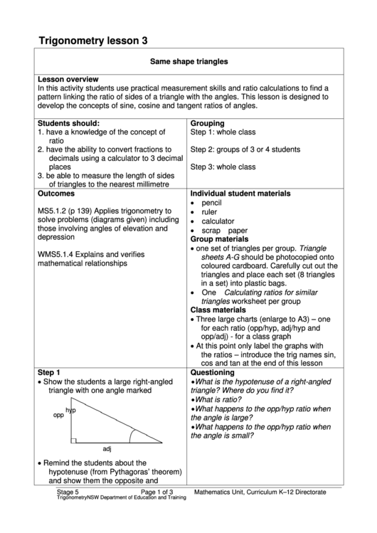 Trigonometry Lesson 3 Printable pdf