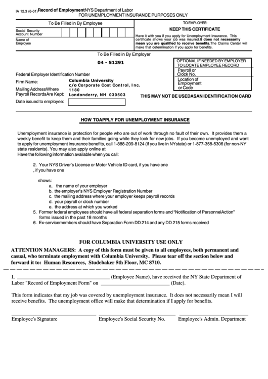 Fillable Ia 12.3 - Record Of Employment (For Unemployed Insurance Purposes Only) Printable pdf