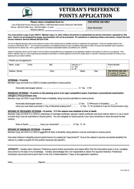 Veterans Preference Points Application Form - City Of Marshall Mn Printable pdf