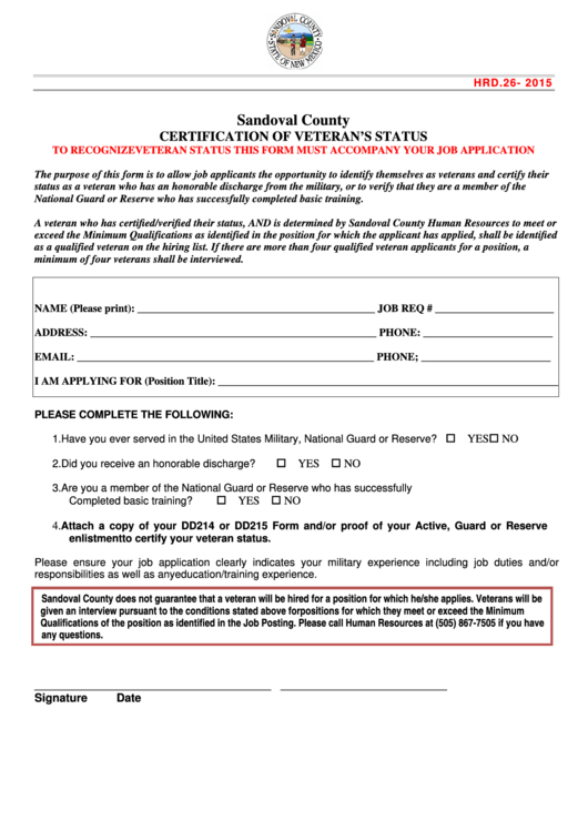 Fillable Certification Of Veterans Status Form Sandoval County Printable pdf