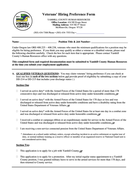 Fillable Veterans Hiring Preference Form Printable pdf