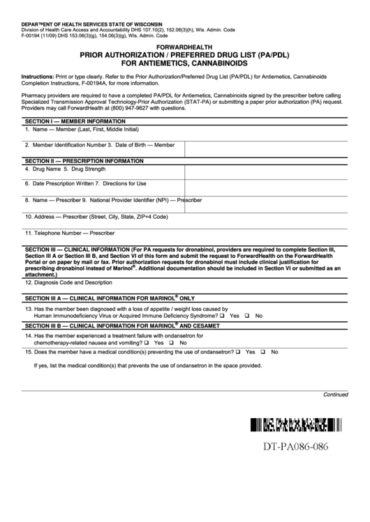 F-00194 - Forwardhealth Prior Authorization/preferred Drug List (Pa/pdl) For Antiemetics, Cannabinoids Printable pdf