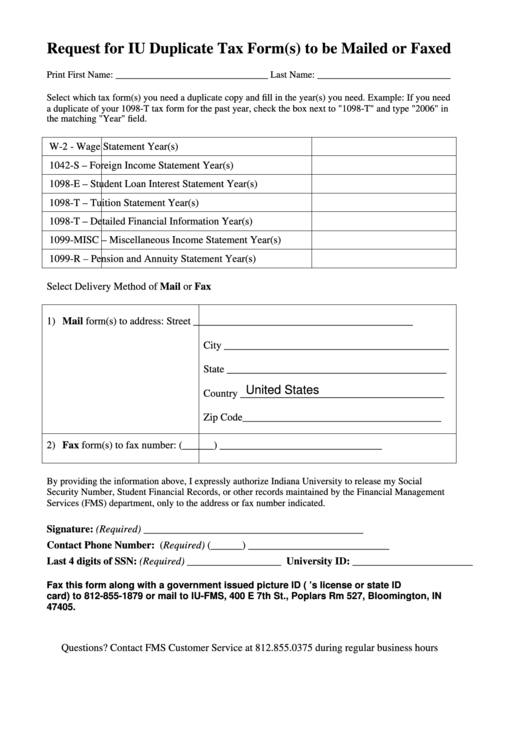 Fillable Request For Iu Duplicate Tax Form Indiana University Northwest Printable pdf