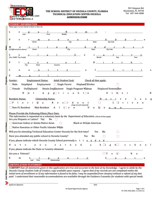 Admission Form - Technical Education Center Osceola Printable pdf