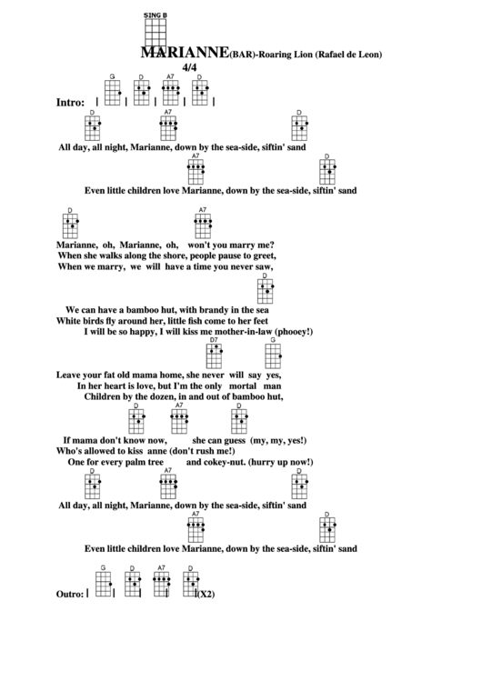 Chord Chart - Roaring Lion (Rafael De Leon) - Marianne (Bar) Printable pdf