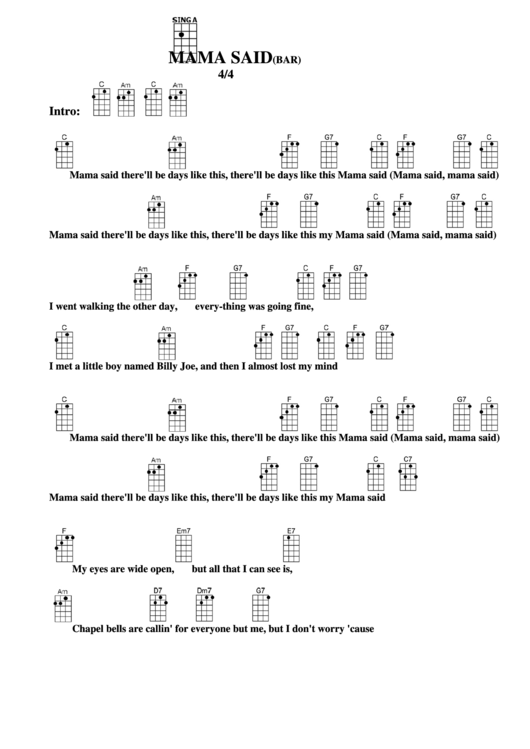 Chord Chart - Mama Said (Bar) Printable pdf