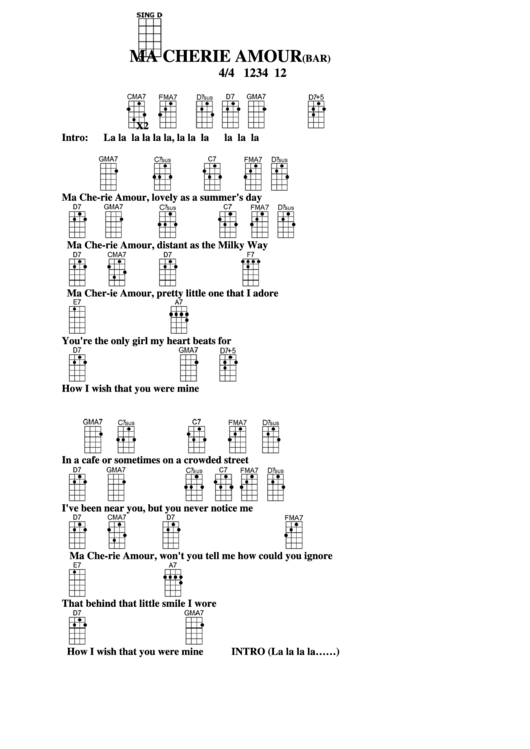 Ma Cherie Amour(Bar) Chord Chart Printable pdf