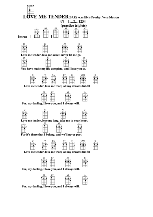 Chord Chart - D W.m Elvis Presley, Vera Matson - Love Me Tender (Bar) Printable pdf