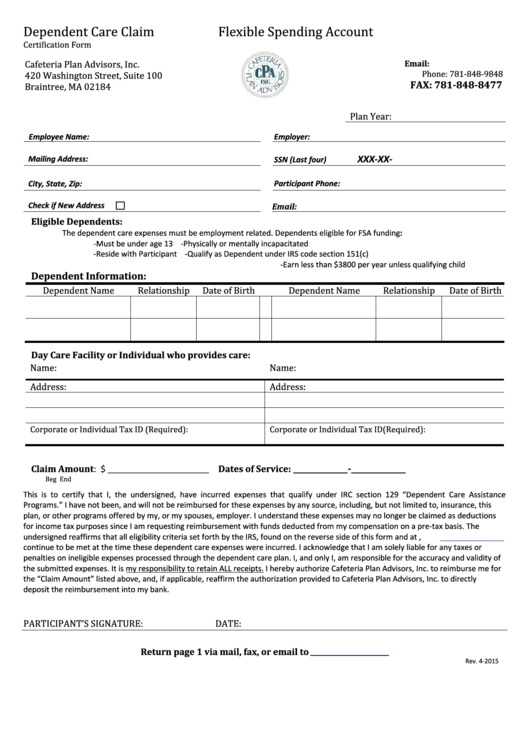 Dependent Care Claim Form 2015 Printable pdf