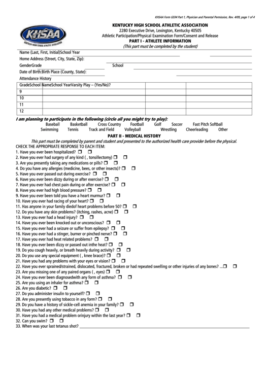 Khsaa Athletic Participation - Physical Examination Form - Consent And Release 2009 Printable pdf